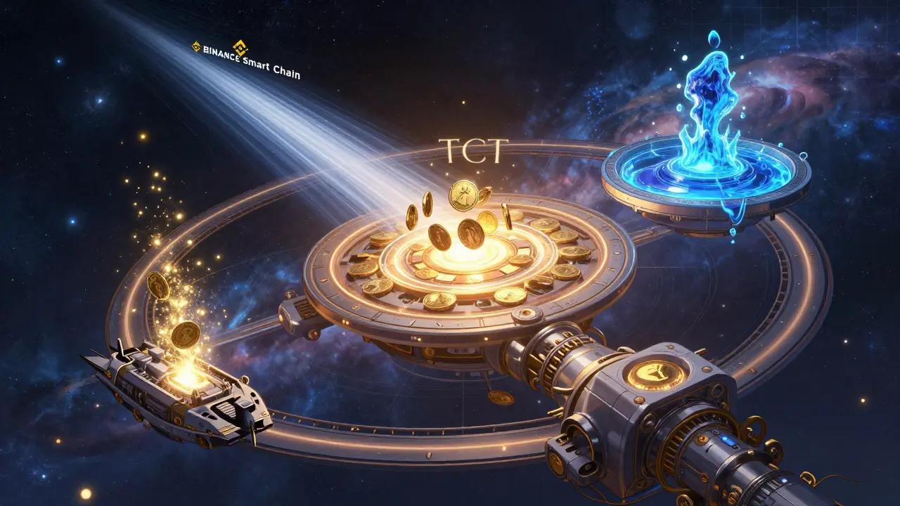 Celestial machine illustrating TCT buy-back, liquidity, and rewards