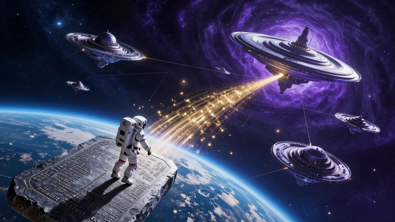 Cosmic data streams connecting Earth to a sci-fi sports tech station.