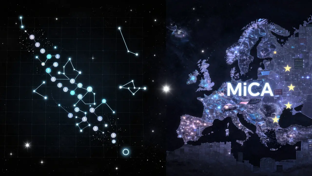 Cosmic map comparing UK and EU crypto regulation structures