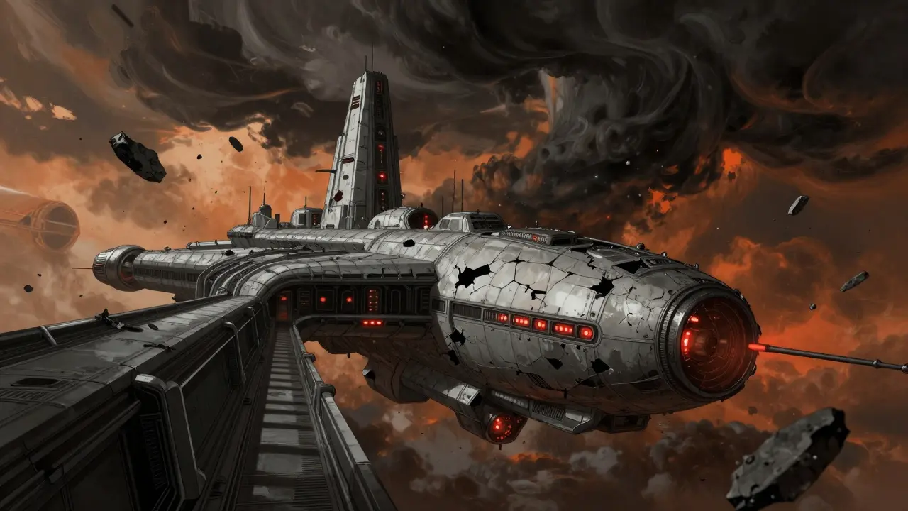 Crumbling space fortress under storm clouds symbolizing Kuna's operational decline