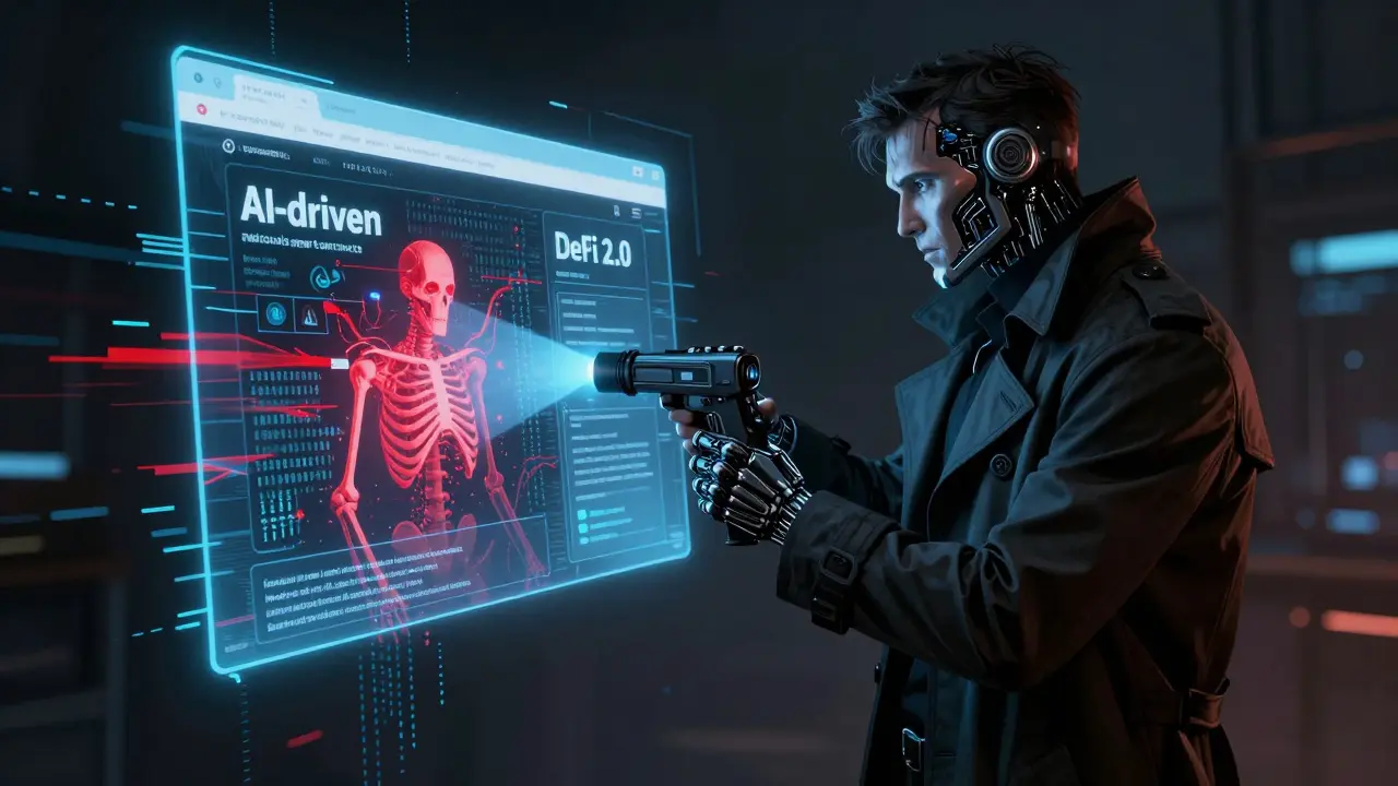 Cyber detective scanning a glitching hologram to reveal hidden malicious code in a sci-fi setting.