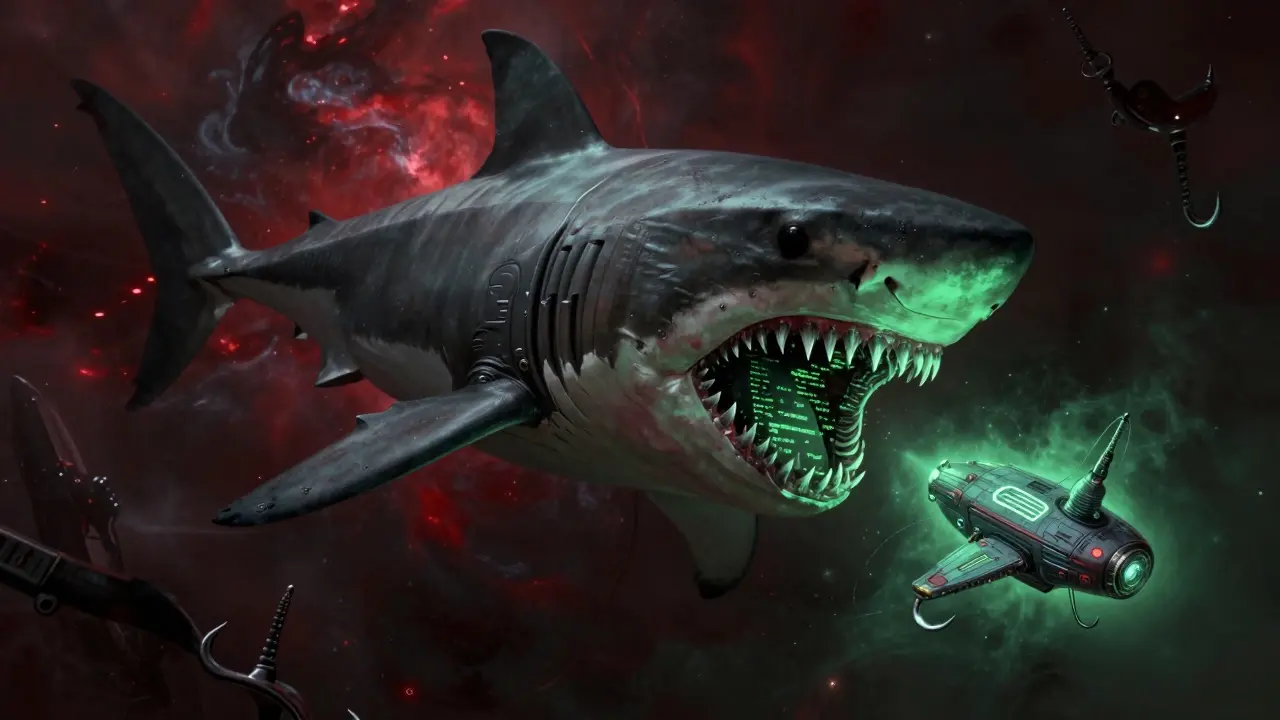 Cybernetic predator in nebula targeting a wallet ship, representing scams.