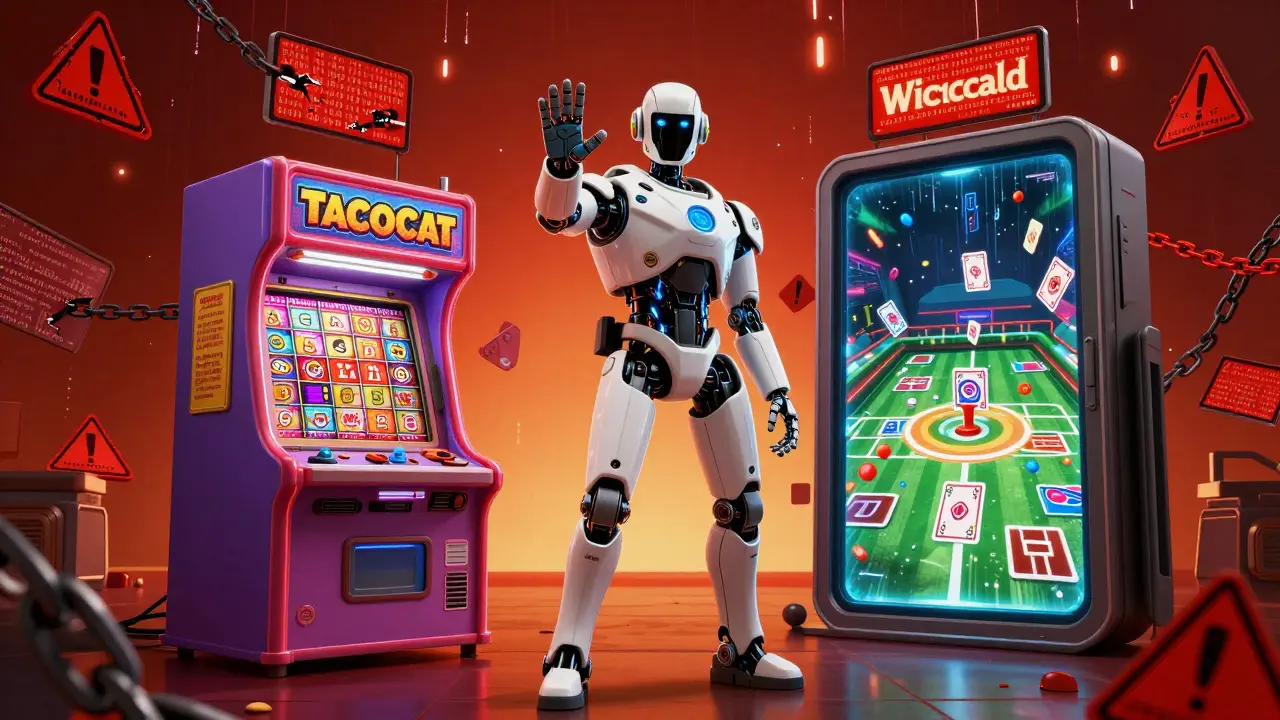 Cyberpunk robot warning users about crypto scams separating two different blockchain portals.