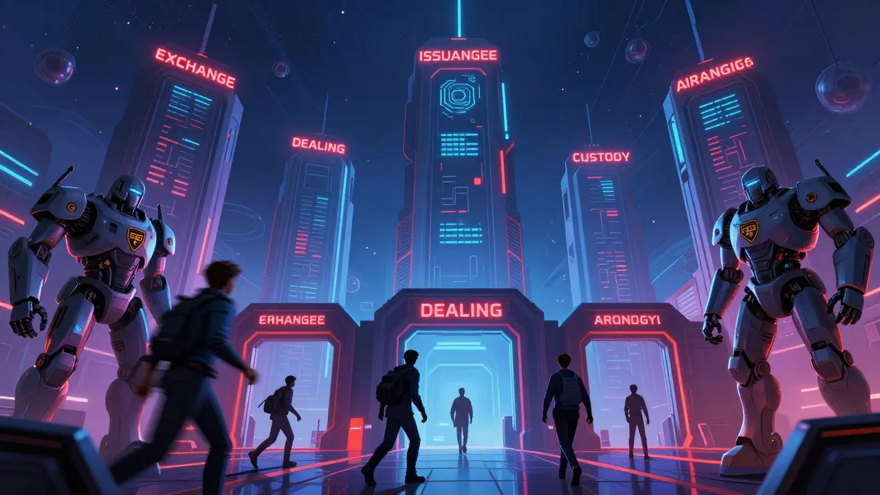 Cyberpunk trading floor with five guarded regulatory monoliths