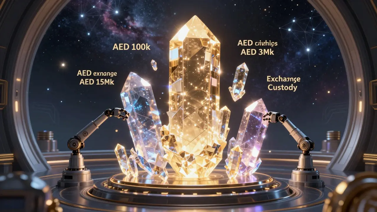 Floating crystal blocks in zero gravity representing cumulative crypto capital requirements