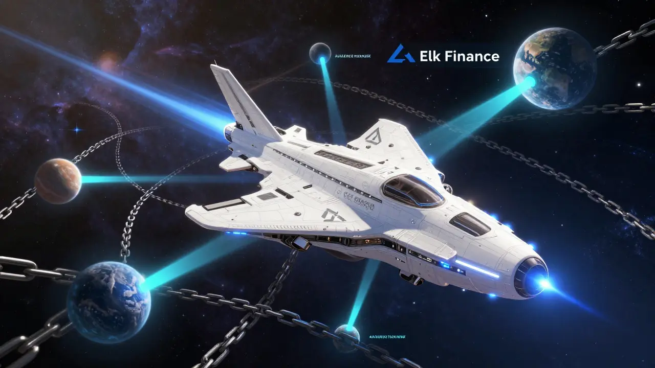 Futuristic starship navigating connected planetary rings representing efficient cross-chain routing