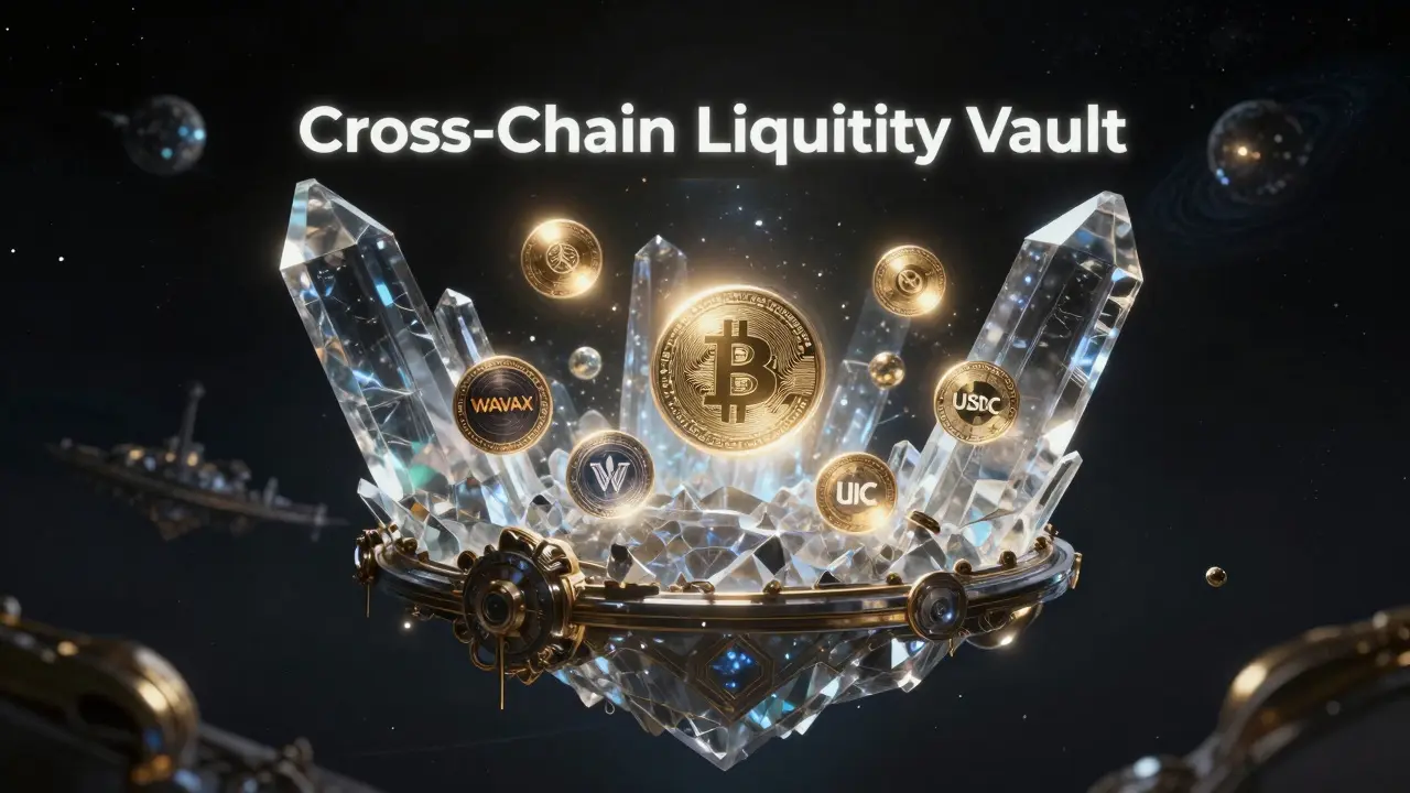 Glowing crystalline vault holding crypto orbs in space, illustrating liquidity pools