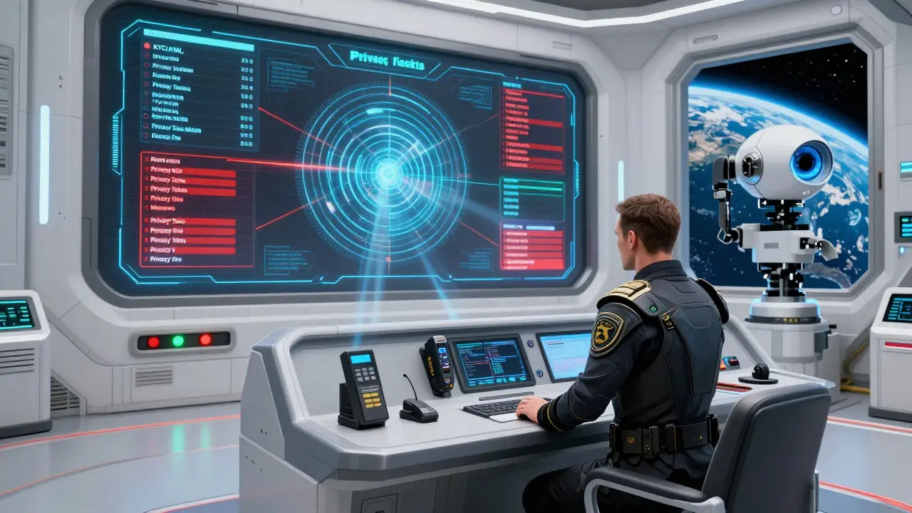 High-tech space station control room monitoring strict security and compliance protocols