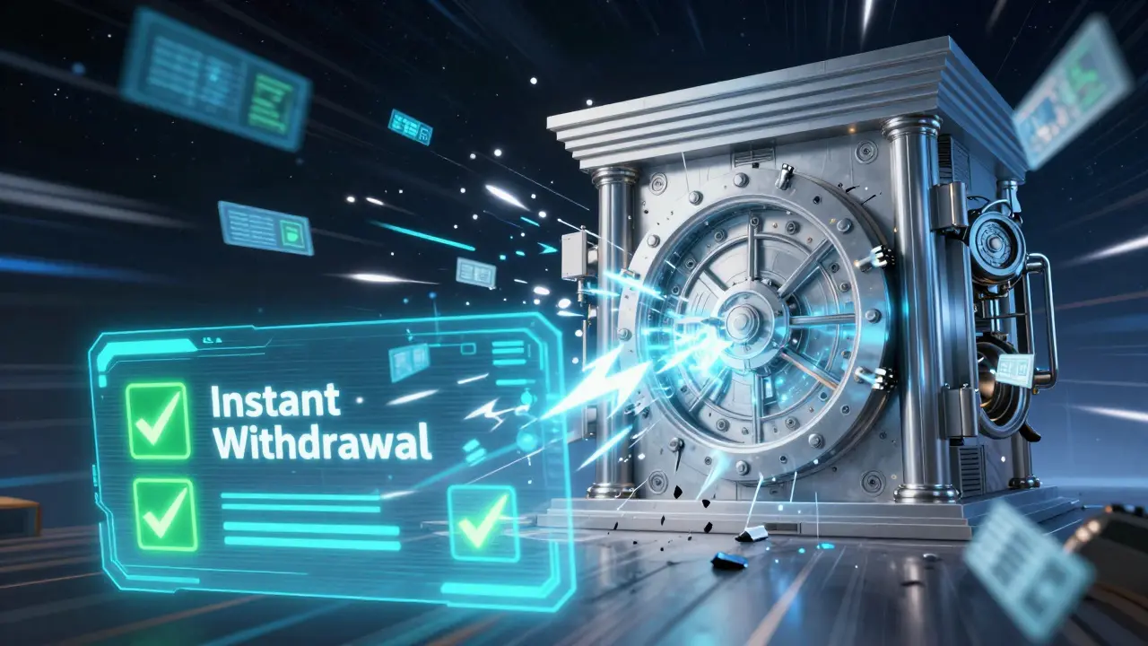 Holographic instant withdrawal system shattering old vaults