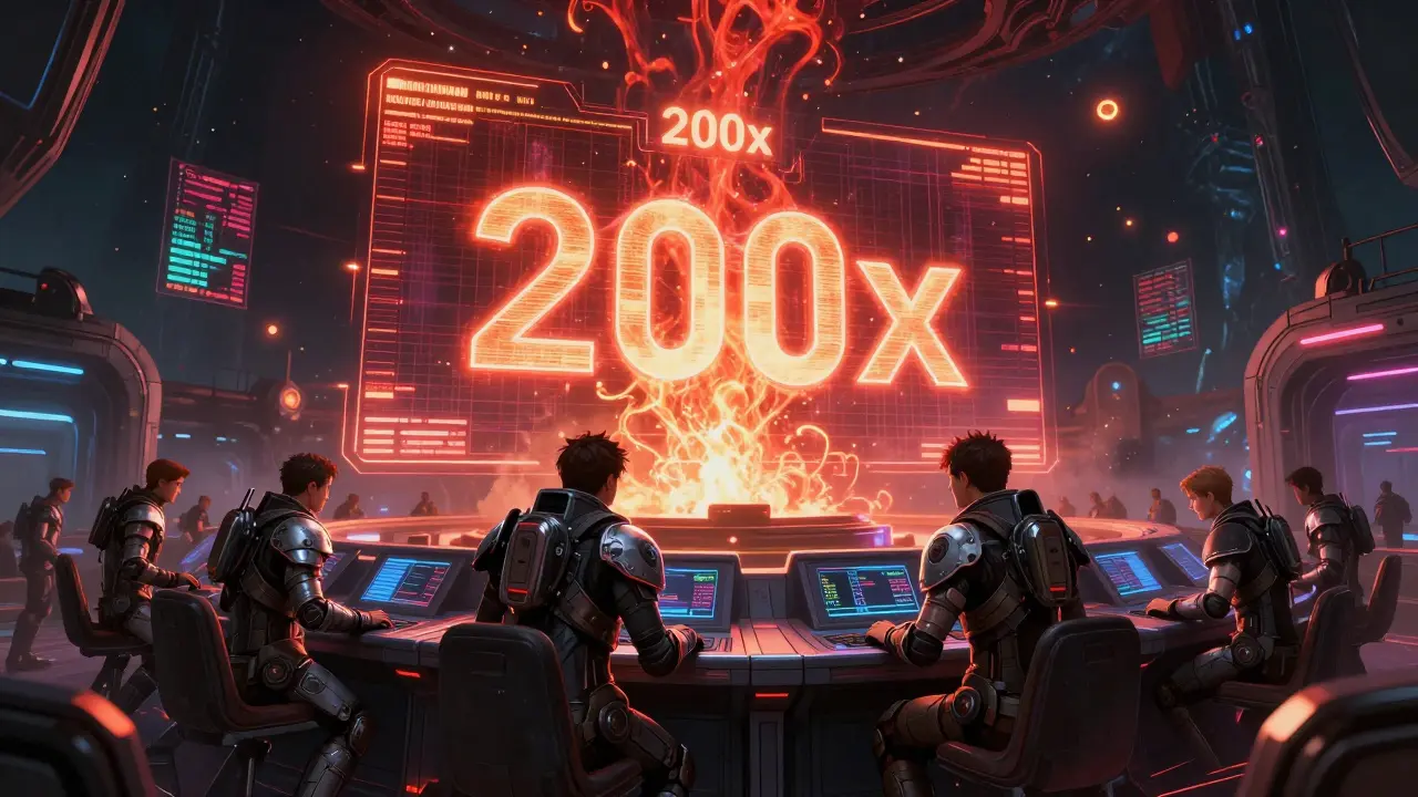 Holographic trading display showing dangerous red leverage levels in a sci-fi arena.