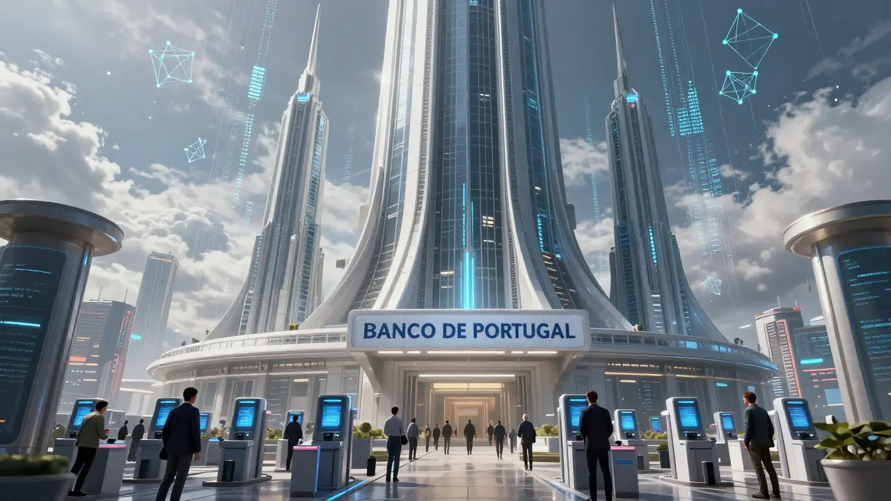 Massive sci-fi regulatory tower overseeing crypto traders at security checkpoints