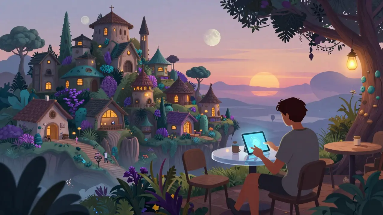 Relaxed trader working in a serene, lush alien colony cafe setting