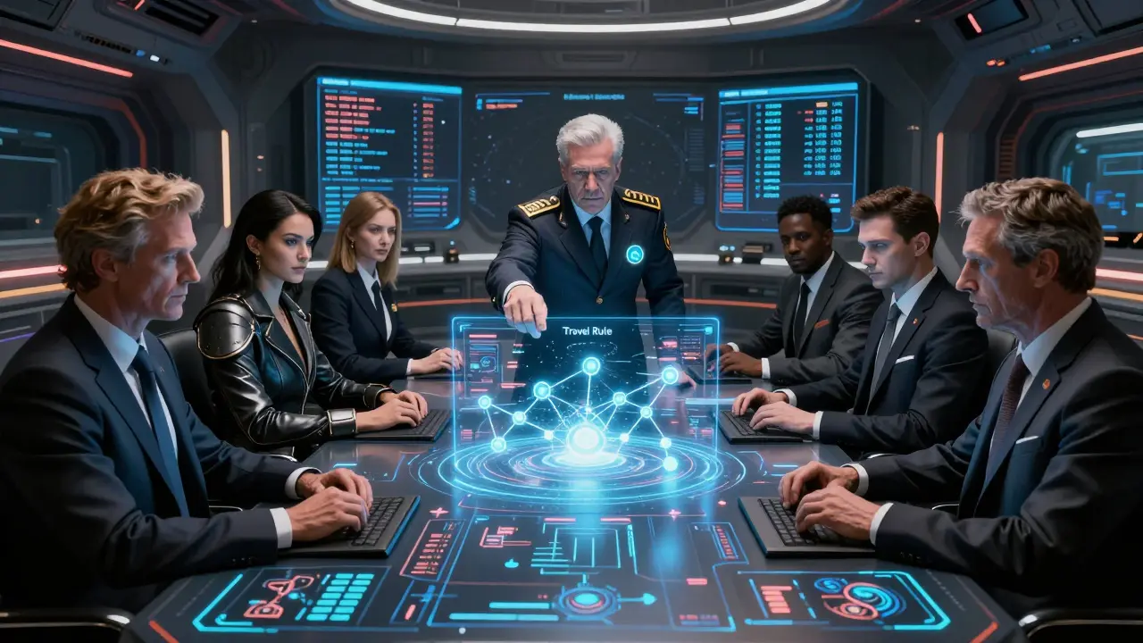 Sci-fi boardroom enforcing strict compliance rules via holograms