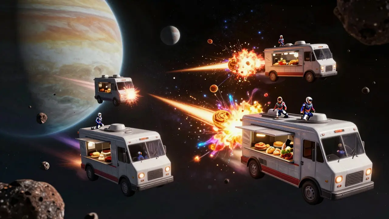 Sci-fi food trucks battling with energy blasts near a gas giant