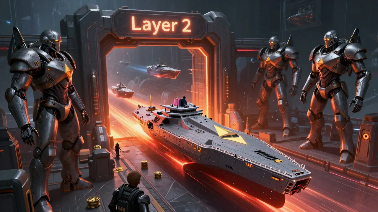 Sci-fi spaceship facing high gas fee tolls at an Ethereum network gate
