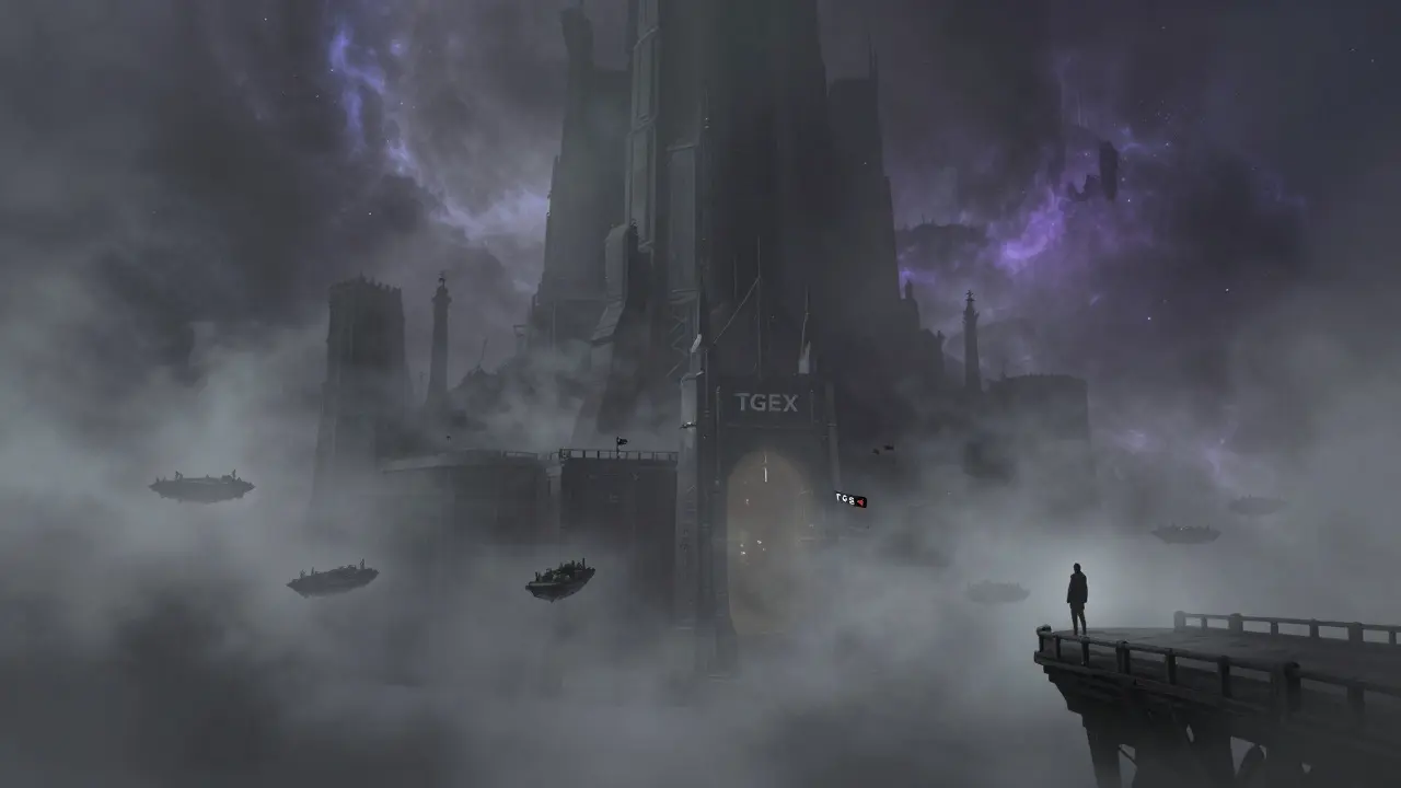 Shadowy fortress in a nebula representing opaque regulation and financial risk.