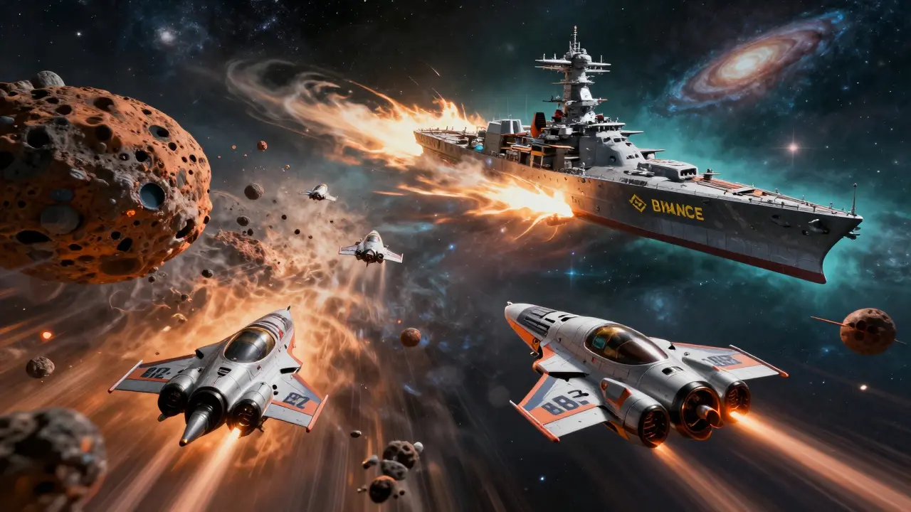 Small agile spaceships navigating asteroids near giant battleships in space.