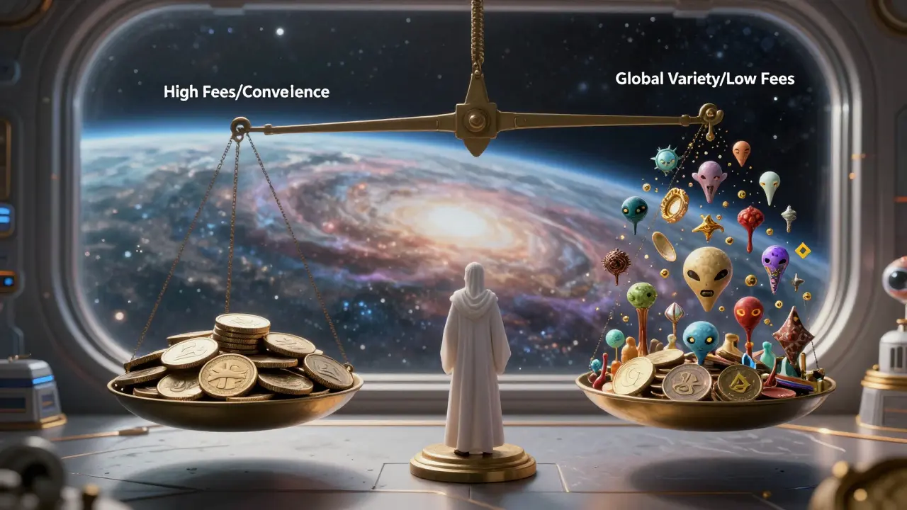 Space scale weighing local fees against global coin variety