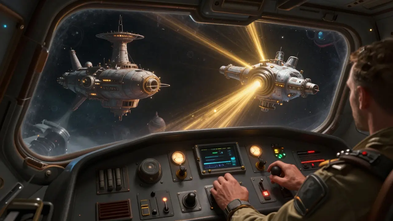 Spaceship cockpit view comparing old and new mining stations