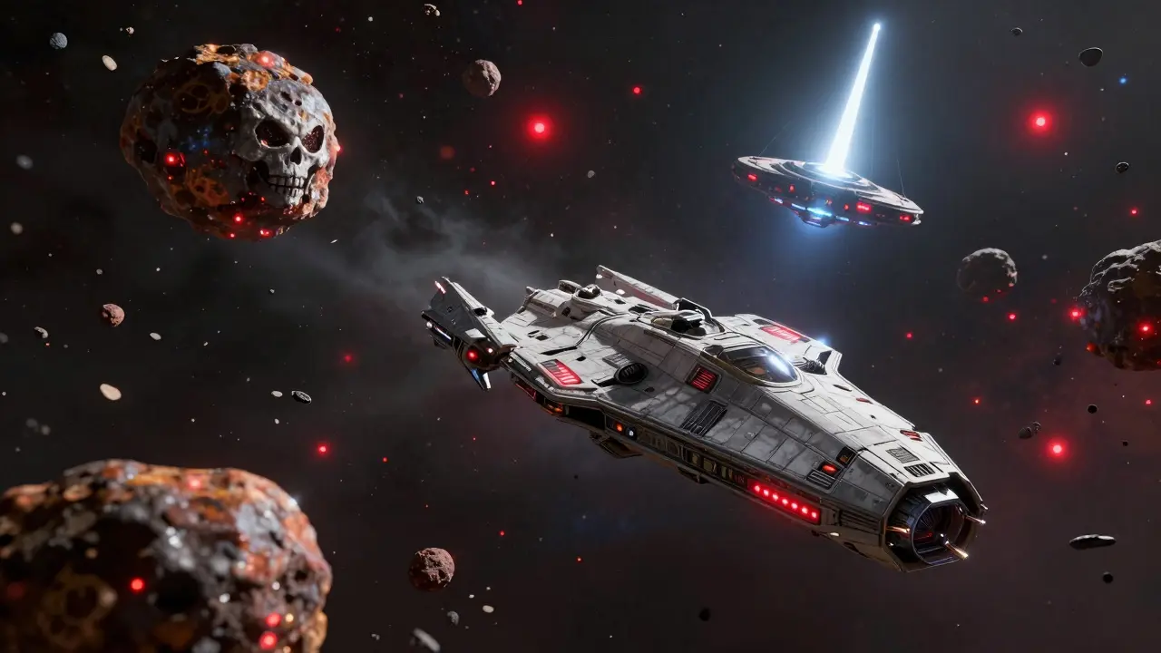 Spaceship dodging scam asteroids towards a safe beacon in space