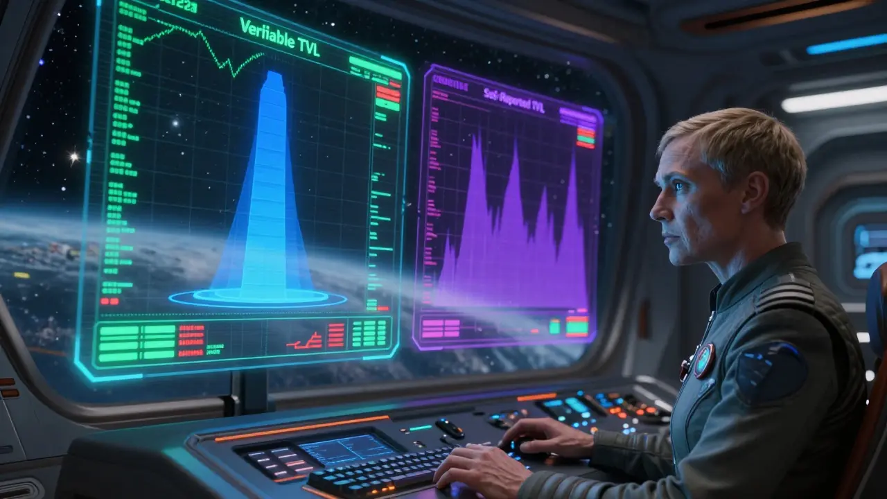 Starship bridge displaying conflicting holographic data charts for TVL