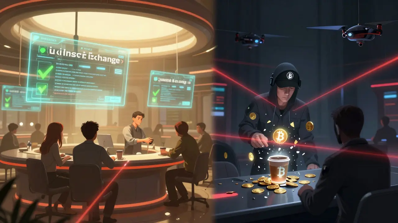The distinction between legal trading and illegal payments, illustrating licensed exchanges as safe havens while attempts to use crypto for retail purchases are blocked by regulatory forces in a sci-fi setting.