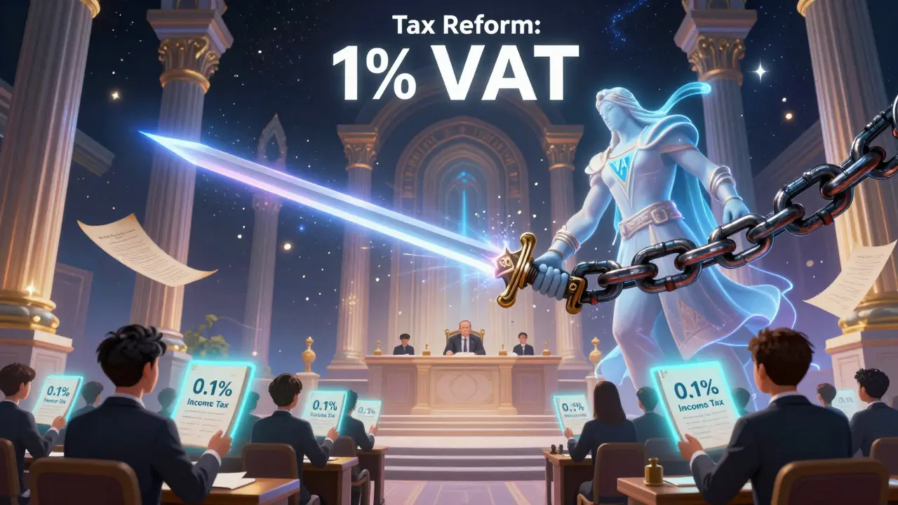 The removal of VAT under PMK 50, depicted as a celestial cutting of tax chains, leaving only income tax obligations, set in an ethereal space courtroom.