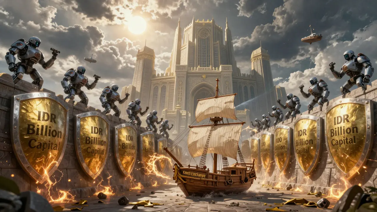 The strict capital requirements for crypto exchanges, visualized as a massive protective barrier excluding smaller players and ensuring the stability of major, fortified platforms.