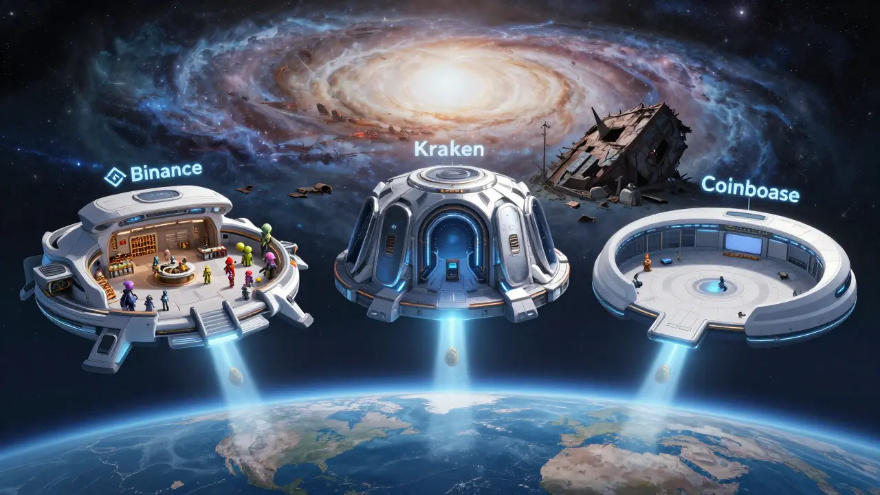 Three futuristic spaceports representing modern crypto alternatives like Binance and Kraken