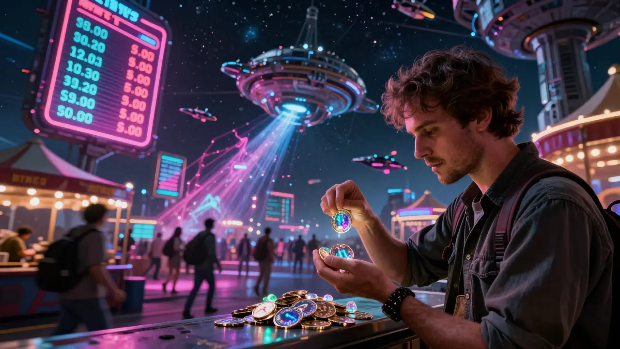 Trader examining rare tokens at a busy interstellar exchange station