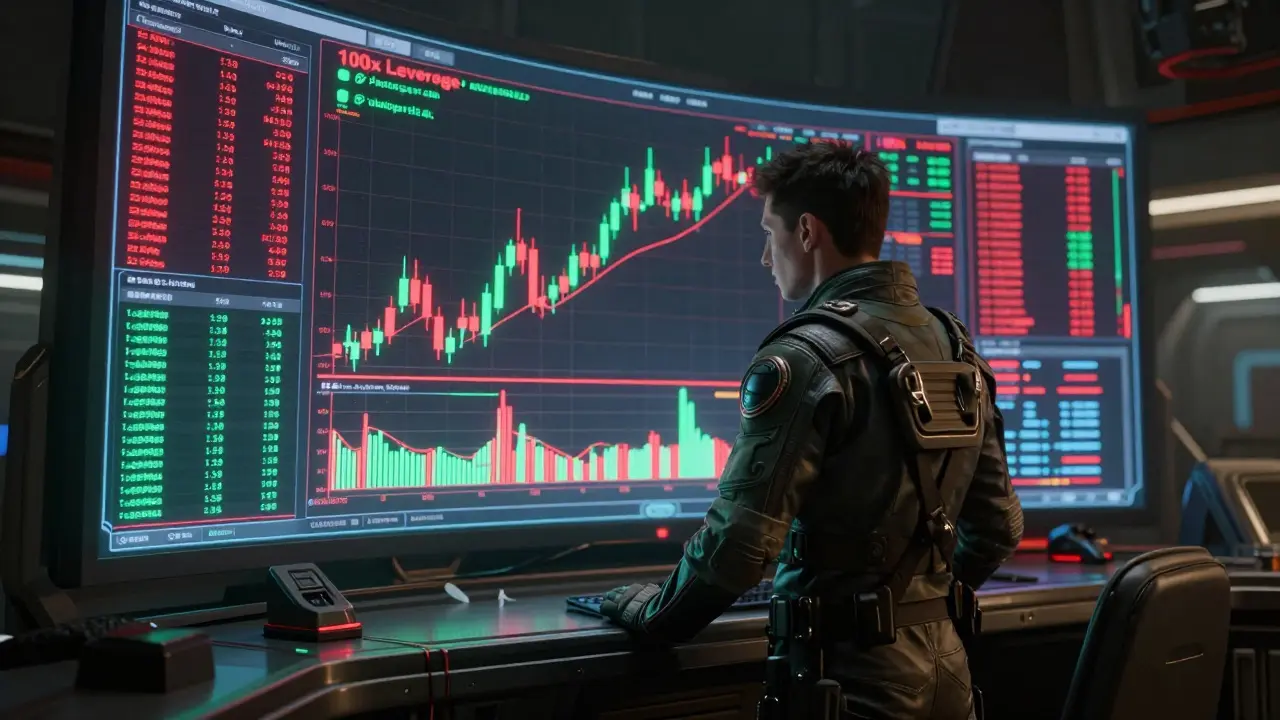Trader using holographic leverage charts on a sci-fi bridge