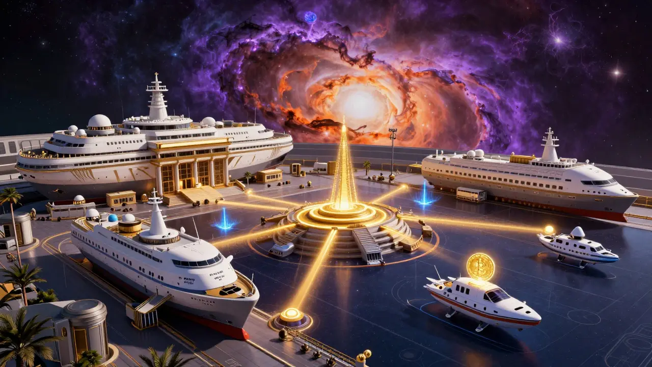 Vibrant spaceport showing institutional adoption and innovation zones