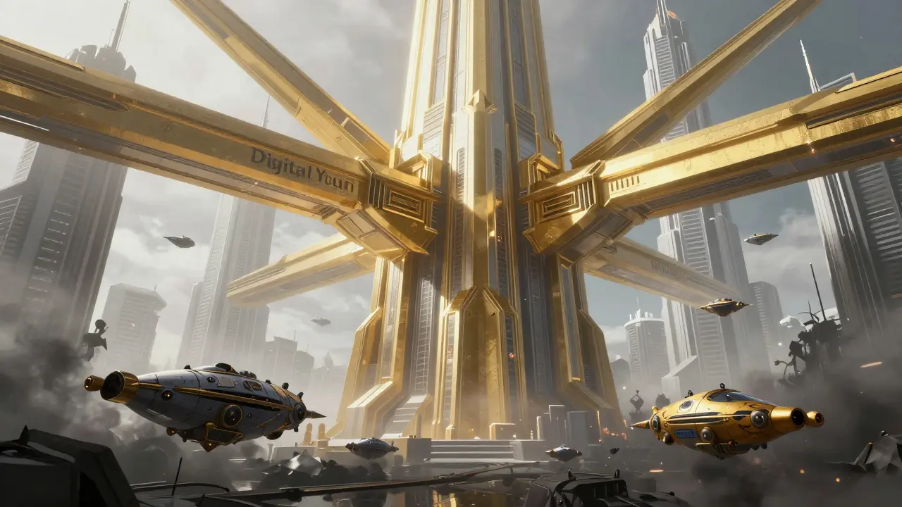 A massive golden Digital Yuan tower looming over small, hidden crypto ships in a sterile sci-fi city.