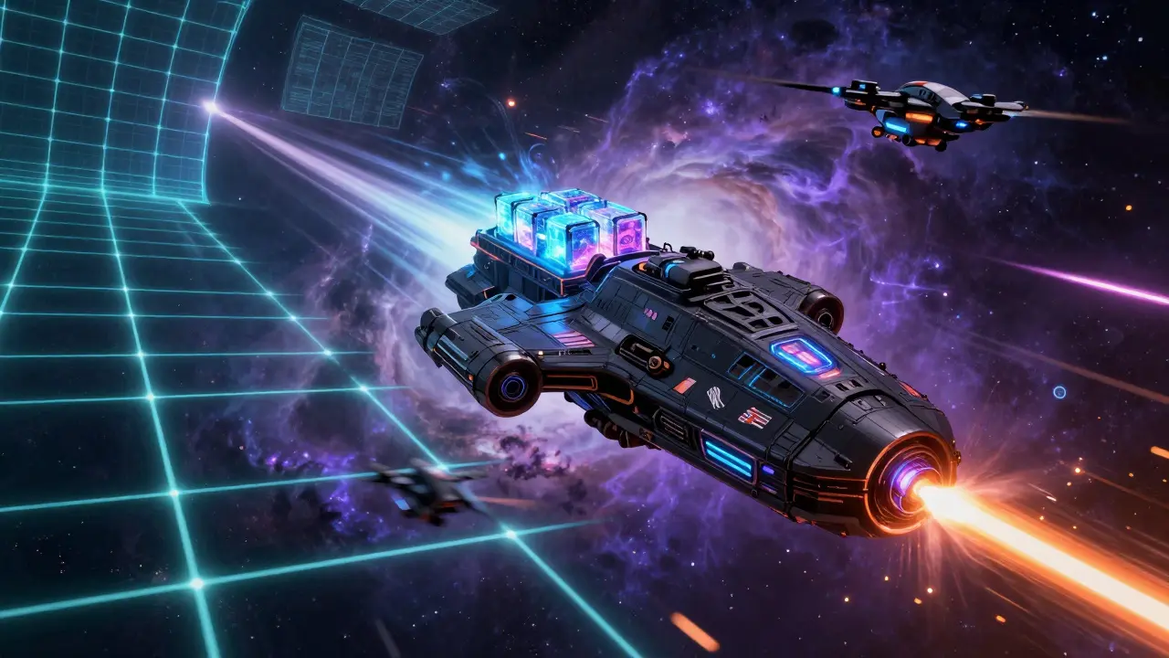 A stealth spaceship dodging laser fire while carrying crypto cargo in a vibrant, dangerous nebula.