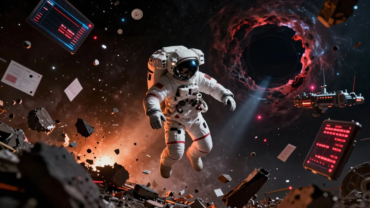 Astronaut drifting in space debris near a black hole, symbolizing risk