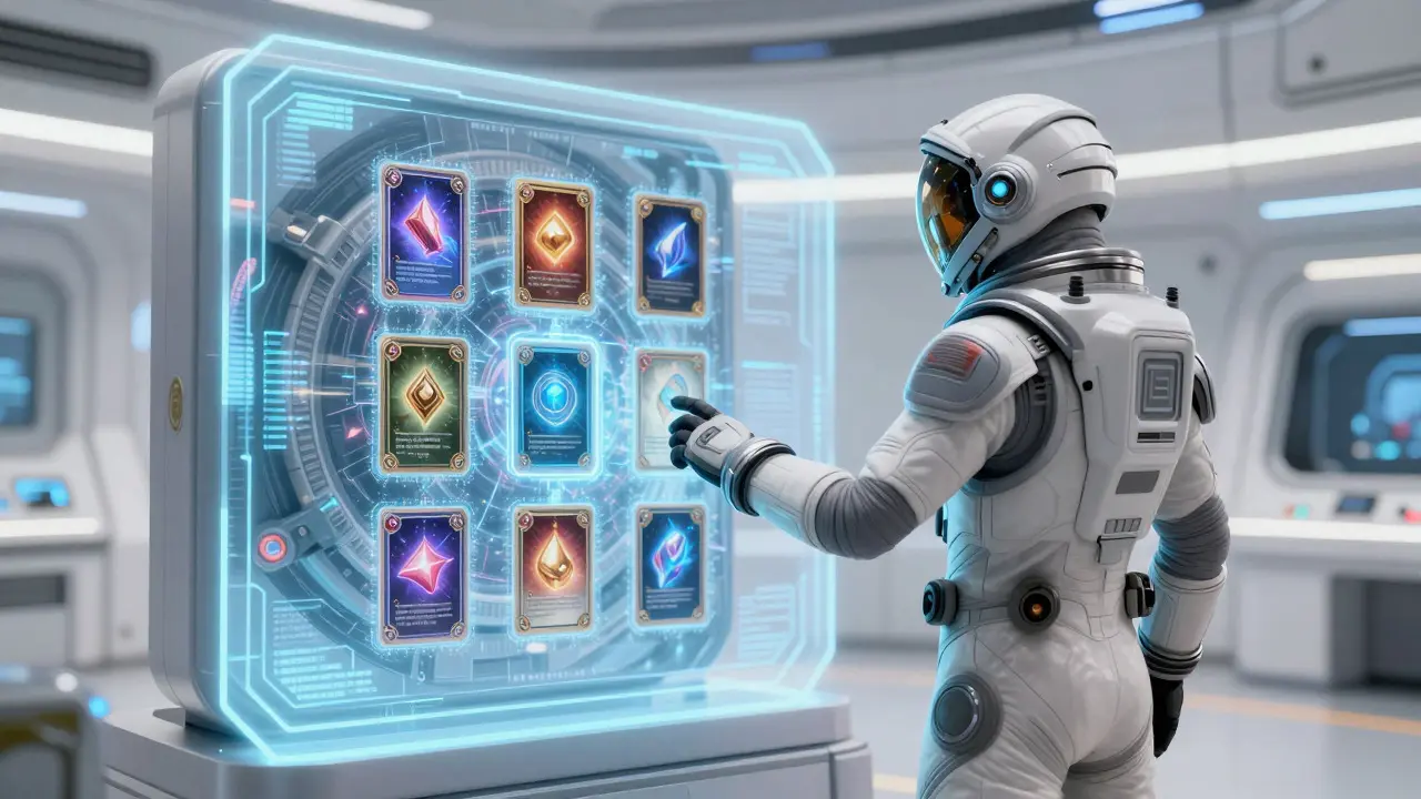 Astronaut viewing secure holographic vault containing rare NFT cards
