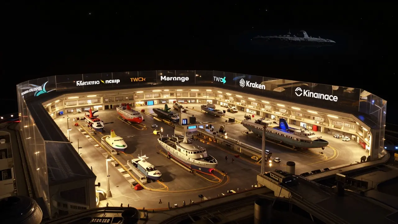 Bright, secure spaceport hub representing safe and established cryptocurrency exchanges