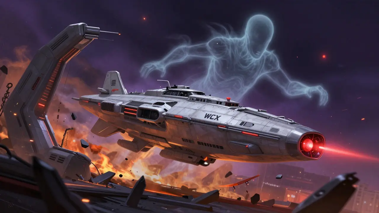 Chaotic space battle scene illustrating the confusion between TWCX and the defunct WCX scam