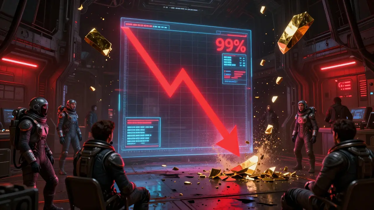 Chaotic space station trading floor with crashing red price graph