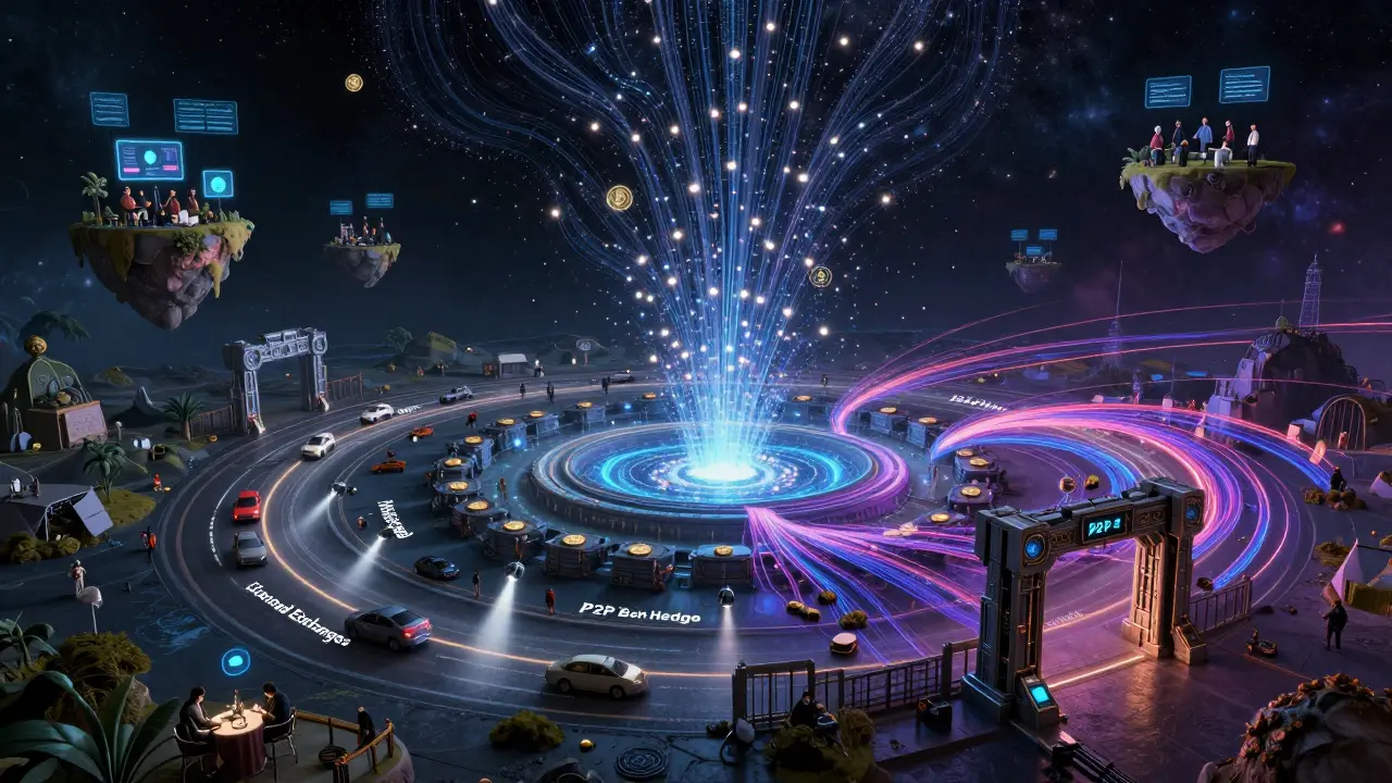 Cosmic marketplace visualization of crypto transactions flowing toward stablecoin hedges, split between orderly licensed exchange lanes and chaotic P2P/DeFi streams bypassing regulatory gates.