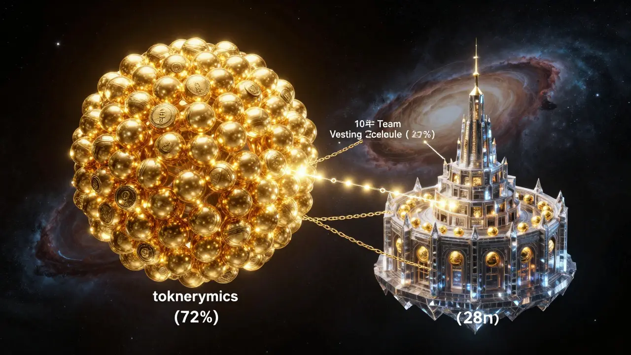 Cosmic visualization of token supply distribution with locked vesting chains in space.