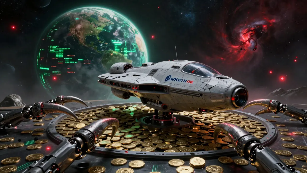 Cybernetic trap in space grabbing a spaceship near a gold planet