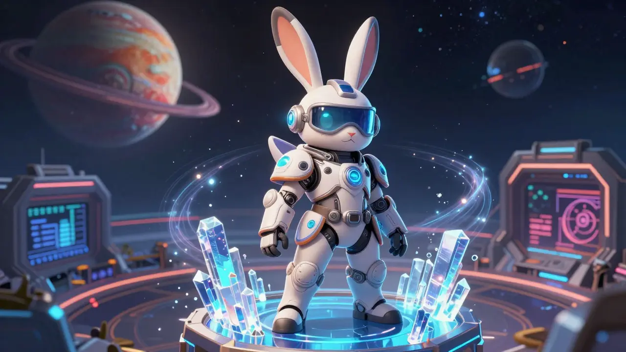 Cyberpunk armored rabbit NFT character standing on a data platform