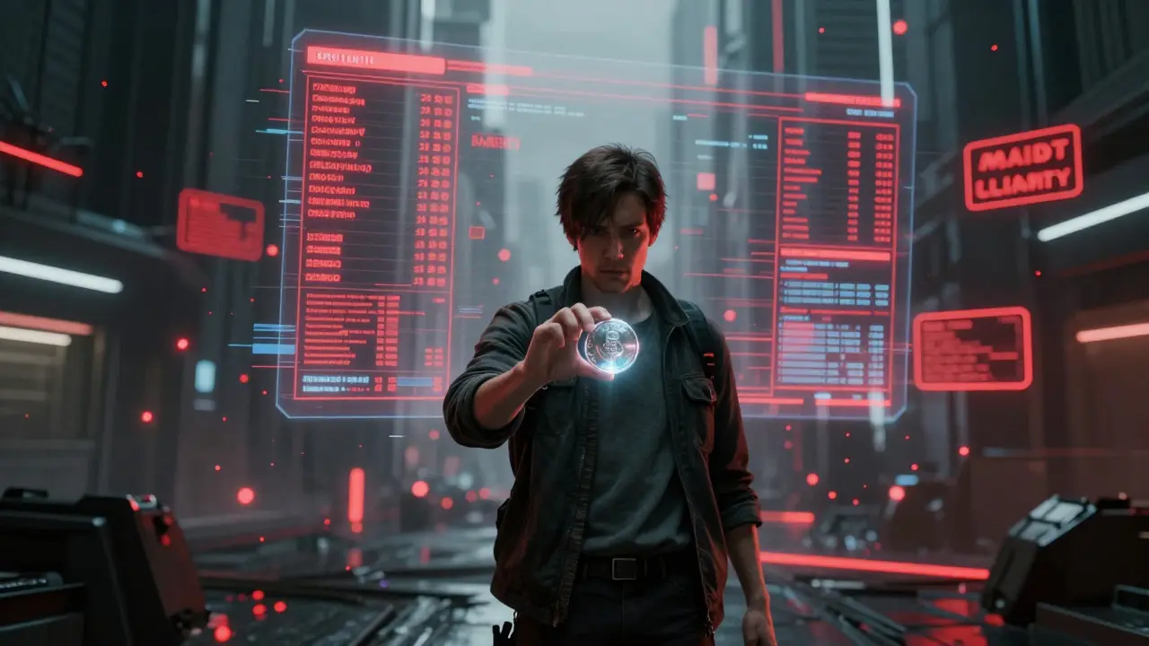 Cyberpunk trader facing glitching market data and low liquidity risks in a digital void.