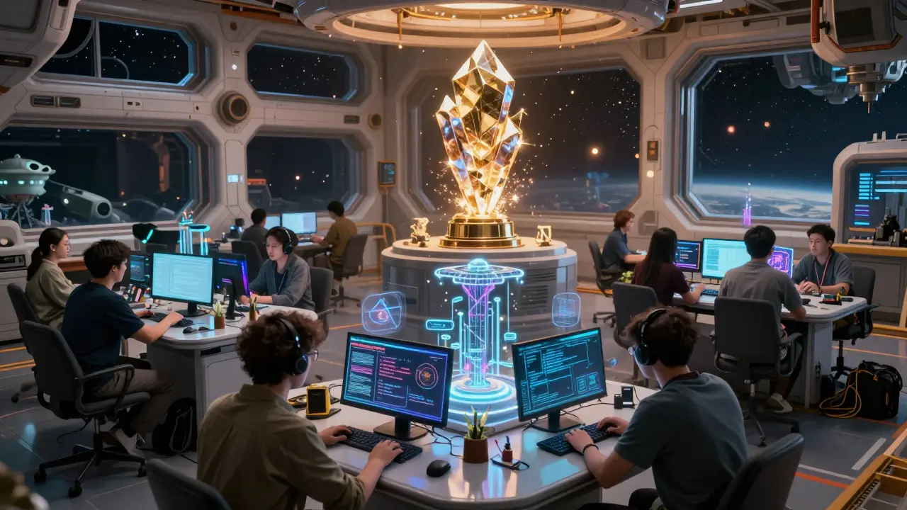 Developers building digital tools in a zero-gravity space station workshop