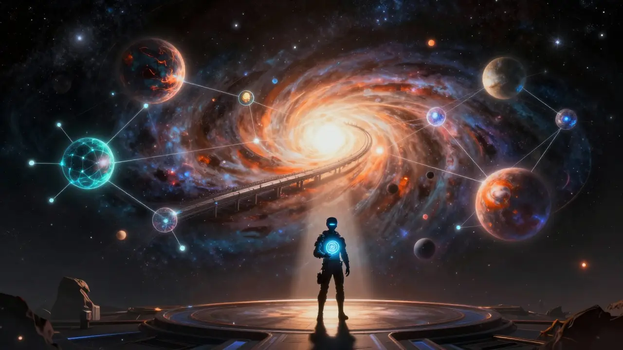 Digital avatar bridging cosmic blockchain networks in fantasy art