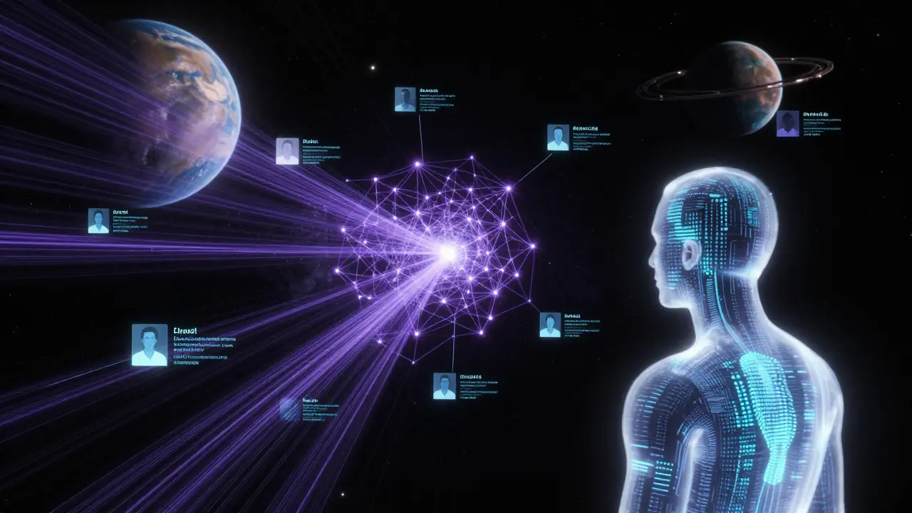 Ethereal AI data streams monitoring digital footprints in space