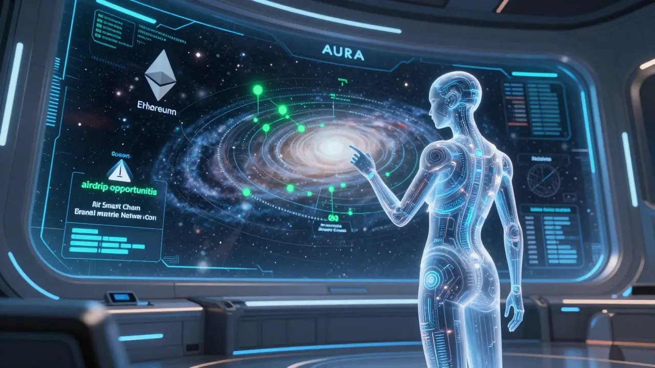 Ethereal AURA AI agent analyzing multi-chain galaxy for crypto opportunities