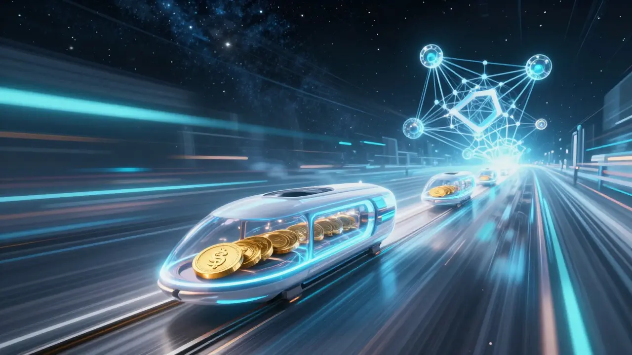 Futuristic energy pods racing through a starfield blockchain network