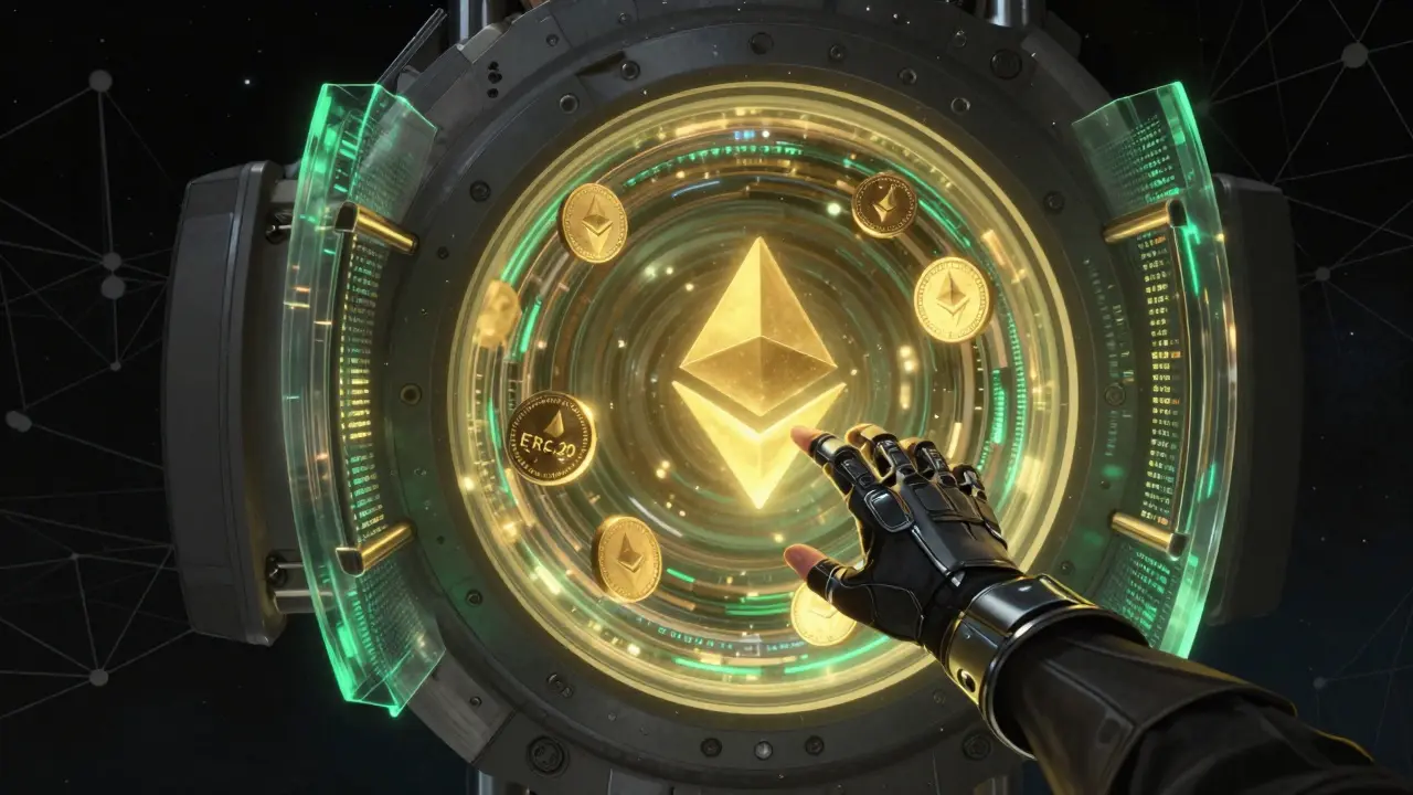 Futuristic non-custodial vault protected by zero-knowledge shields holding floating crypto assets